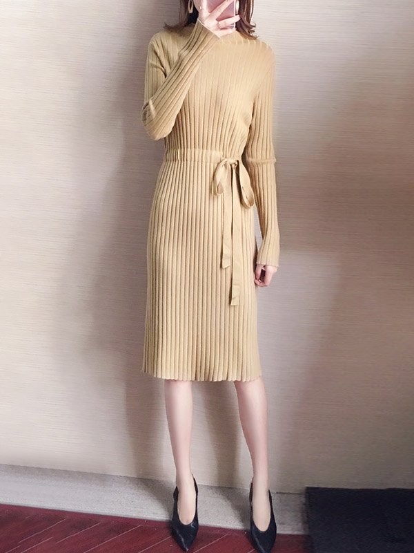 Khaki Stand Collar Tie Waist Knit Dress