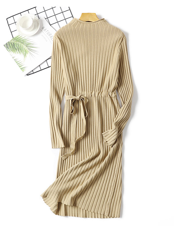 Khaki Stand Collar Tie Waist Knit Dress