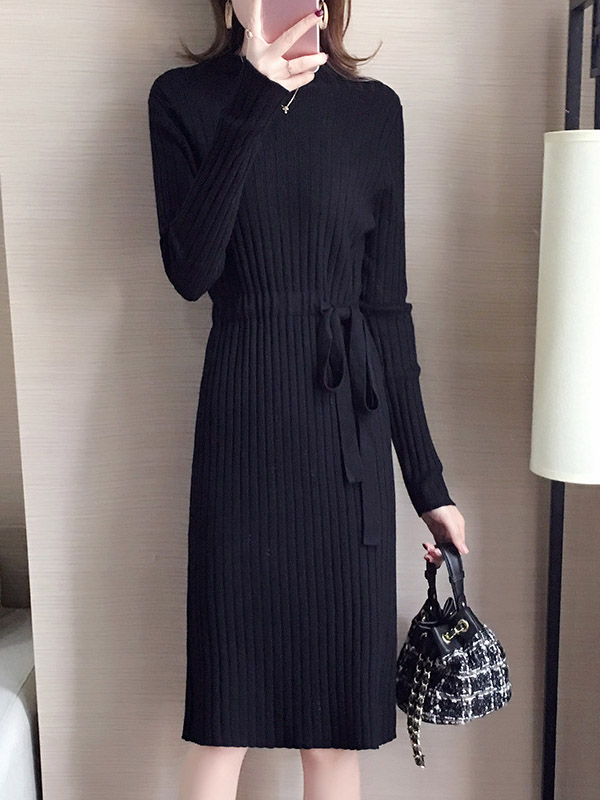 Black Stand Collar Tie Waist Knit Dress