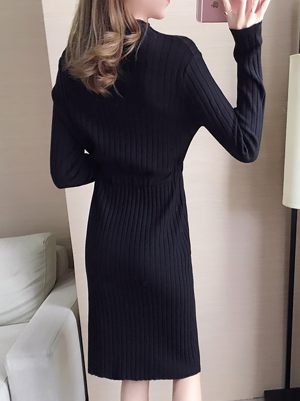 Black Stand Collar Tie Waist Knit Dress