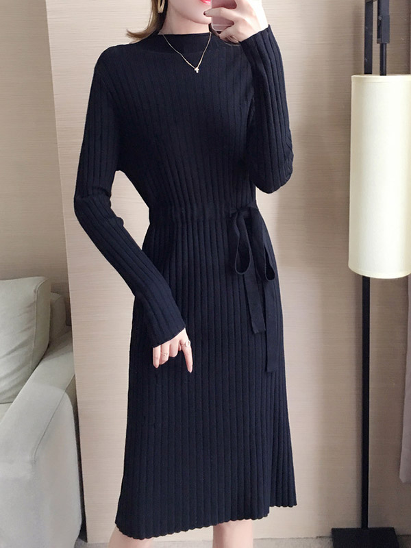 Black Stand Collar Tie Waist Knit Dress