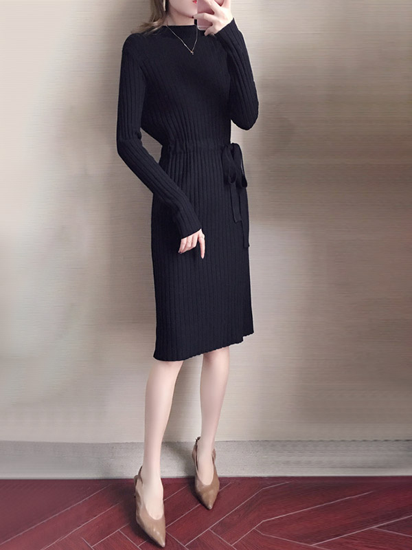 Black Stand Collar Tie Waist Knit Dress