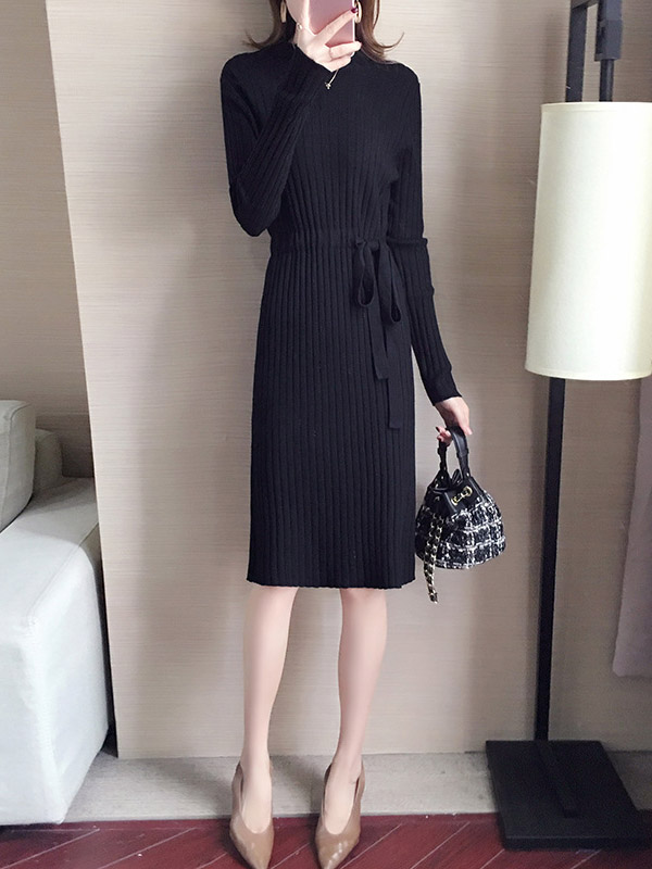 Black Stand Collar Tie Waist Knit Dress