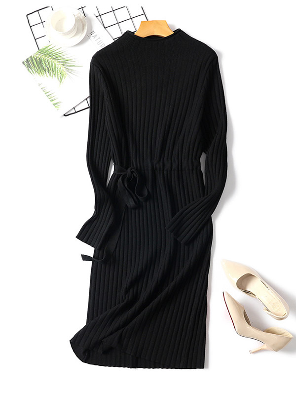 Black Stand Collar Tie Waist Knit Dress