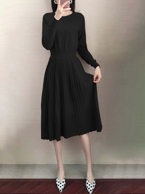 Black Round Collar Elastic Waist Knit Dress