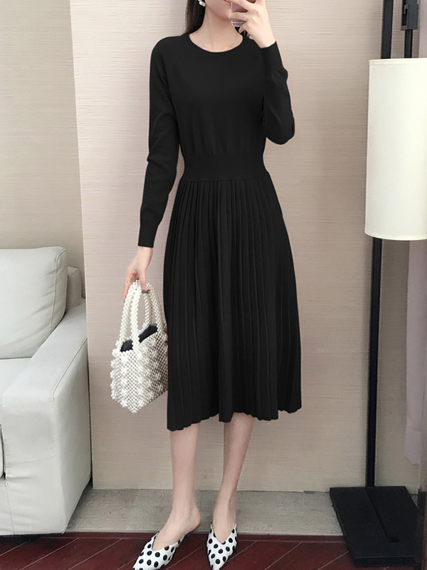 Black Round Collar Elastic Waist Knit Dress