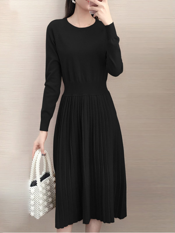 Black Round Collar Elastic Waist Knit Dress