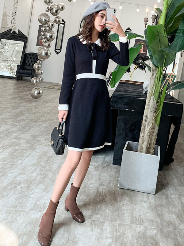 Black Knit A-line Dress in Color Block