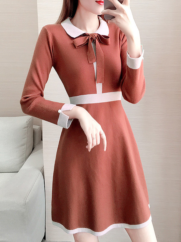 Brick Red Knit A-line Dress in Color Block