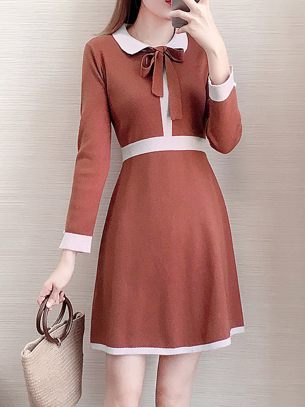 Brick Red Knit A-line Dress in Color Block