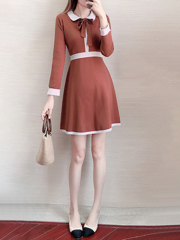 Brick Red Knit A-line Dress in Color Block