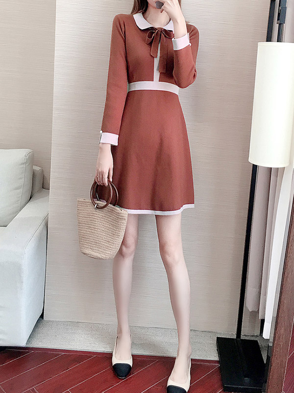 Brick Red Knit A-line Dress in Color Block