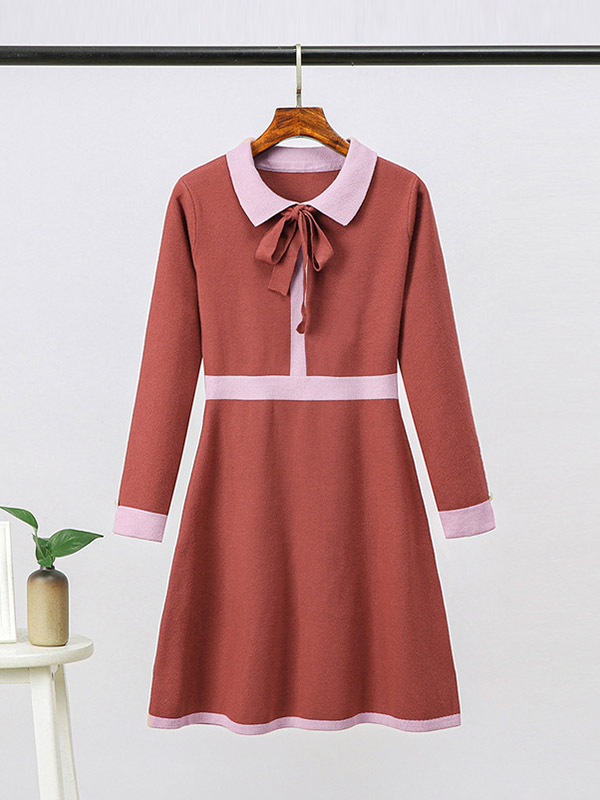 Brick Red Knit A-line Dress in Color Block