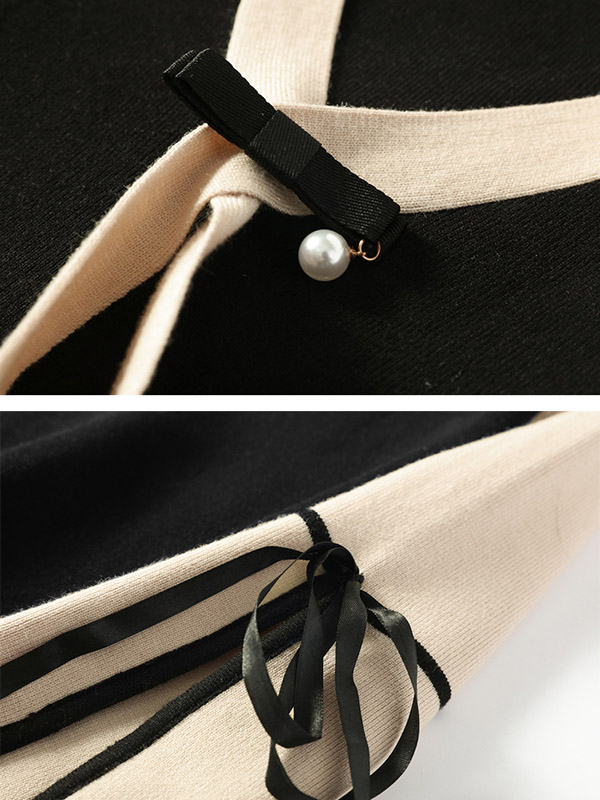 Black Knit A-line Dress in Ribbon Detail