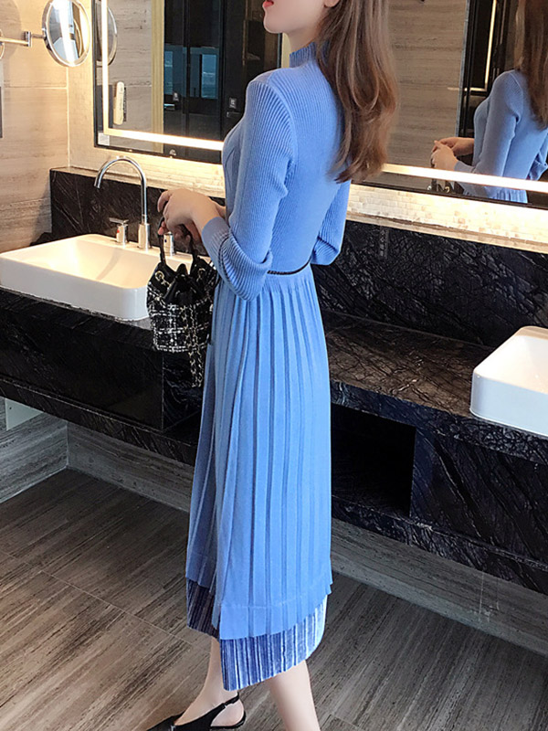 Blue Knit A-line Pleated Dress in Ruffle Detail