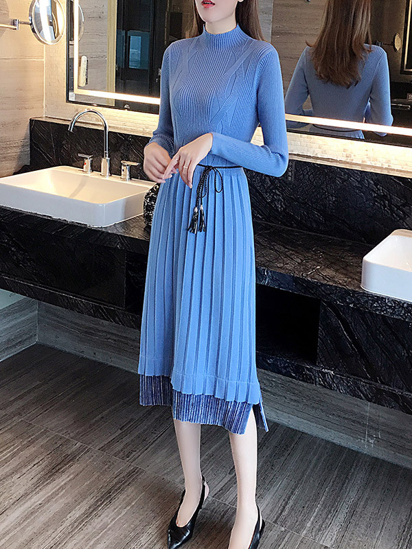 Blue Knit A-line Pleated Dress in Ruffle Detail