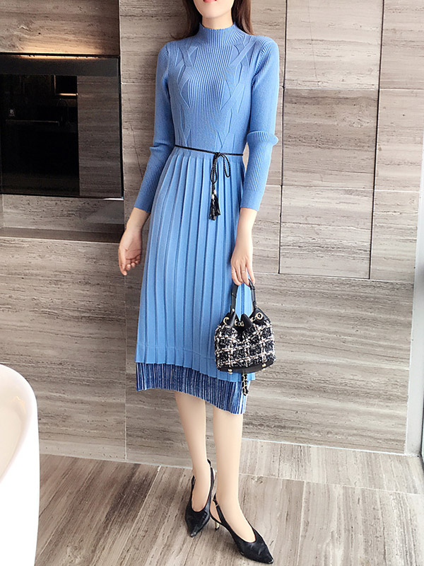 Blue Knit A-line Pleated Dress in Ruffle Detail