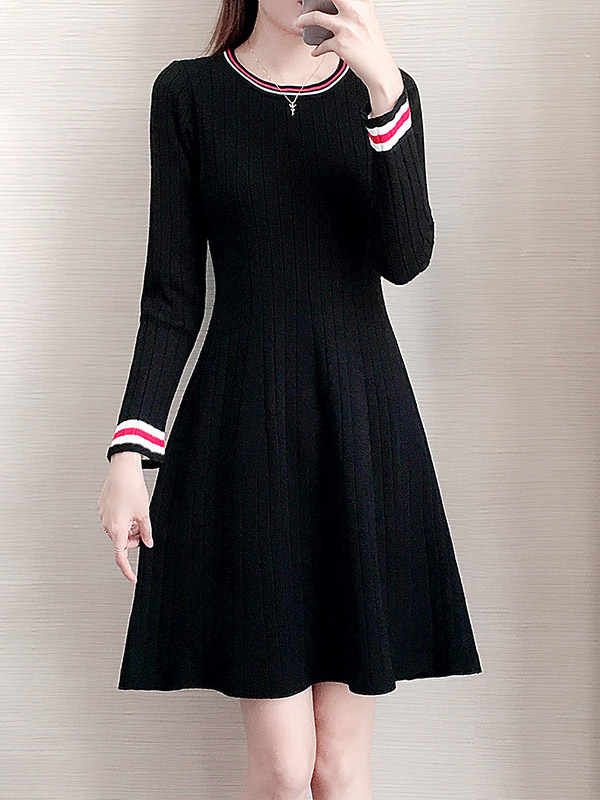 Black Knit A-line Skater Dress in Stripe Detail