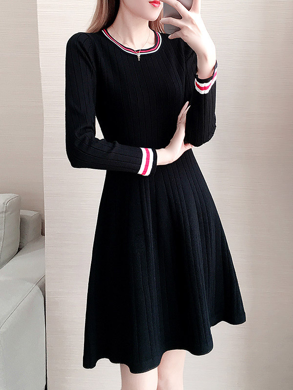 Black Knit A-line Skater Dress in Stripe Detail