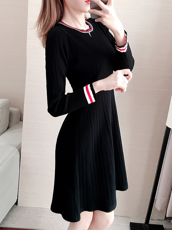 Black Knit A-line Skater Dress in Stripe Detail