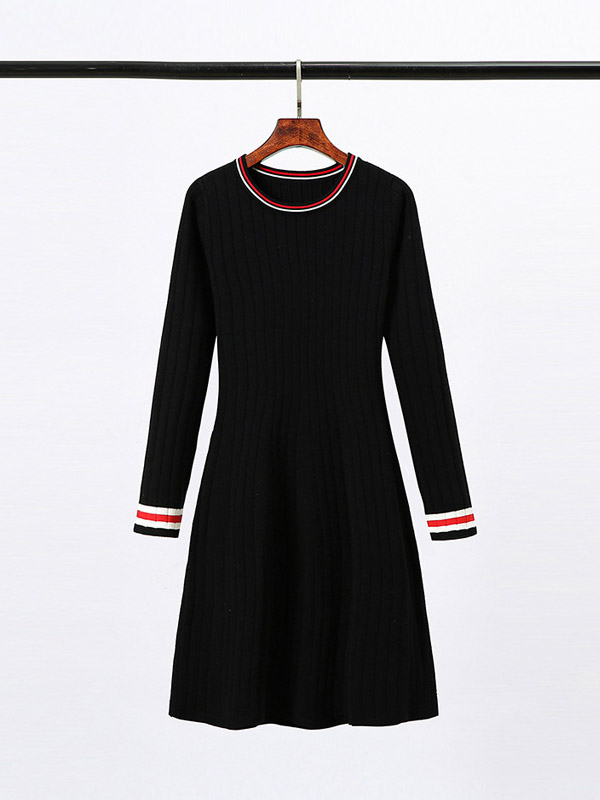 Black Knit A-line Skater Dress in Stripe Detail