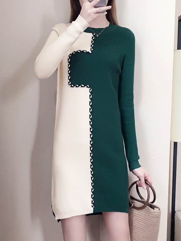 Green Knit Shift Dress in Color Block