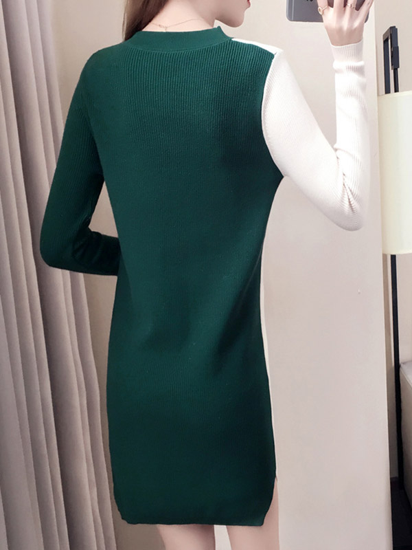 Green Knit Shift Dress in Color Block