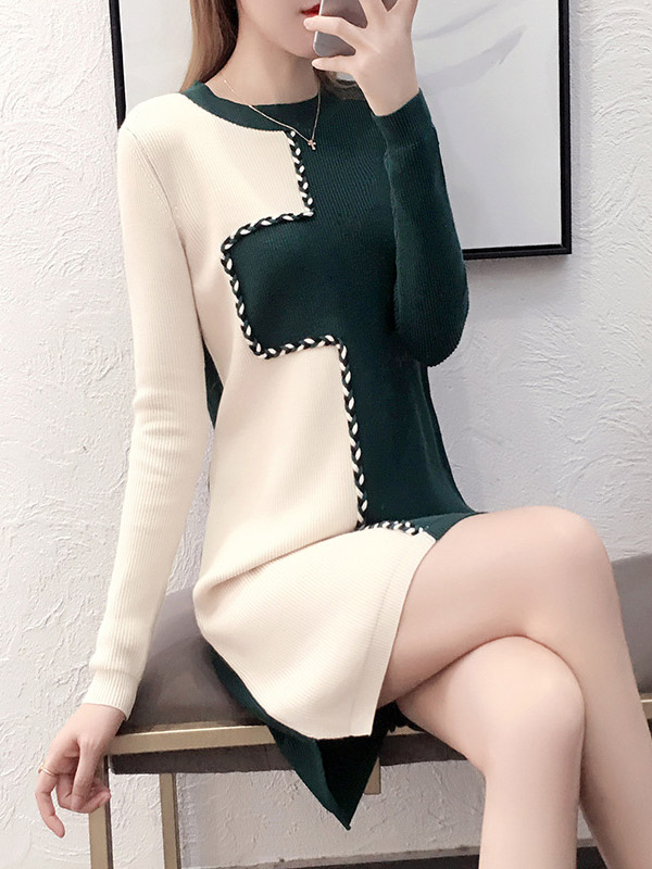 Green Knit Shift Dress in Color Block