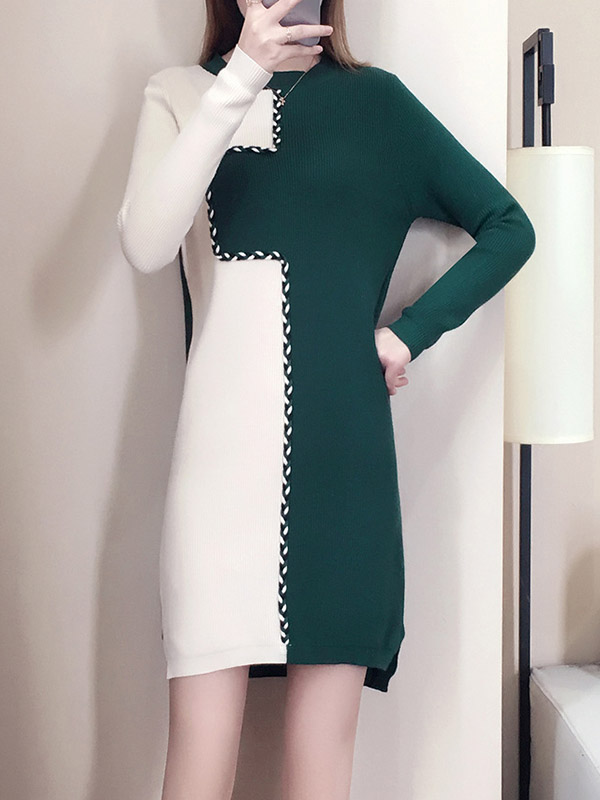 Green Knit Shift Dress in Color Block