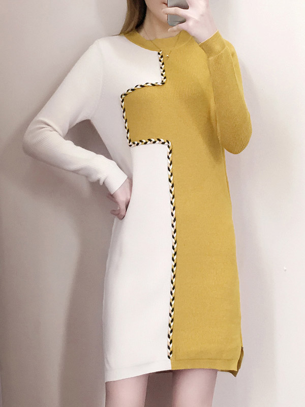 Yellow Knit Shift Dress in Color Block