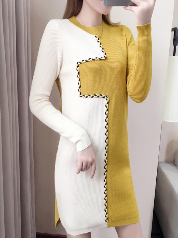 Yellow Knit Shift Dress in Color Block