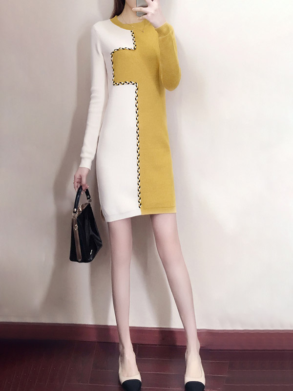 Yellow Knit Shift Dress in Color Block