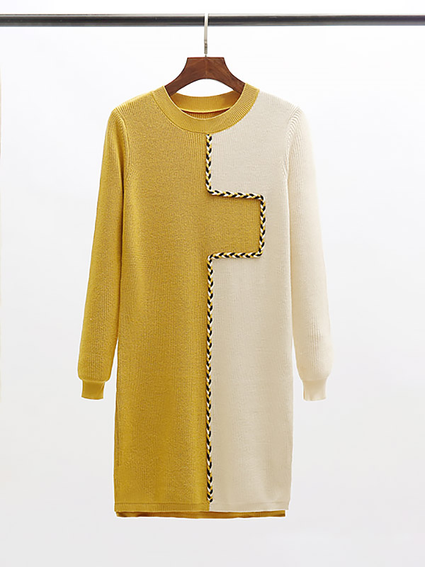 Yellow Knit Shift Dress in Color Block