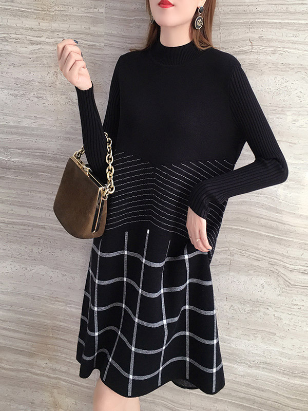 Black Knit Shift Dress in Stripe and Check Print