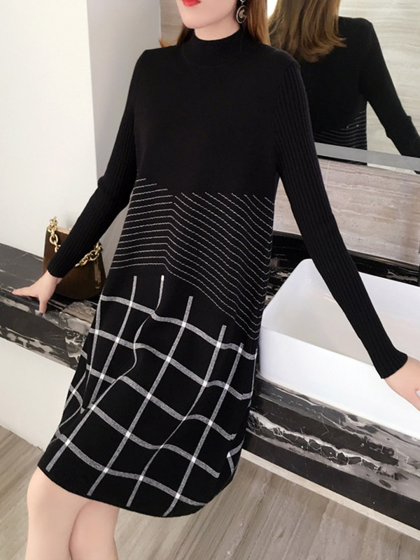 Black Knit Shift Dress in Stripe and Check Print