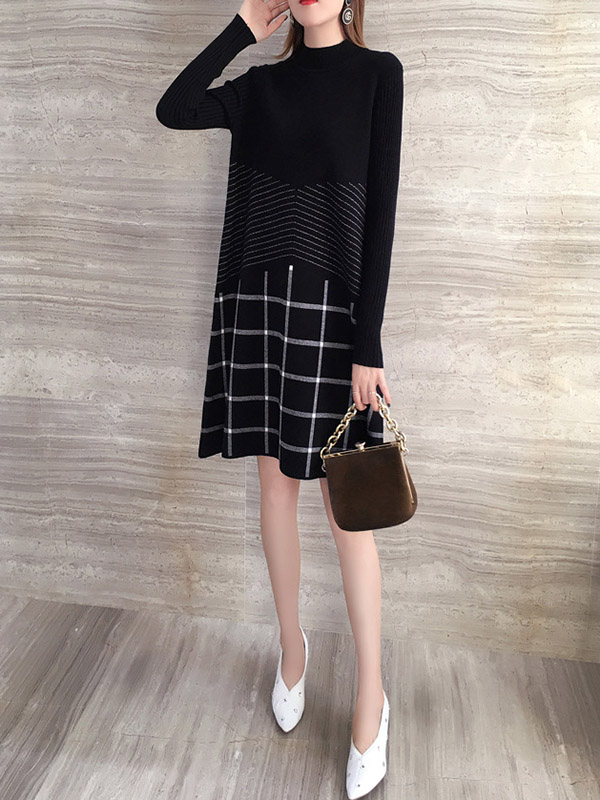 Black Knit Shift Dress in Stripe and Check Print