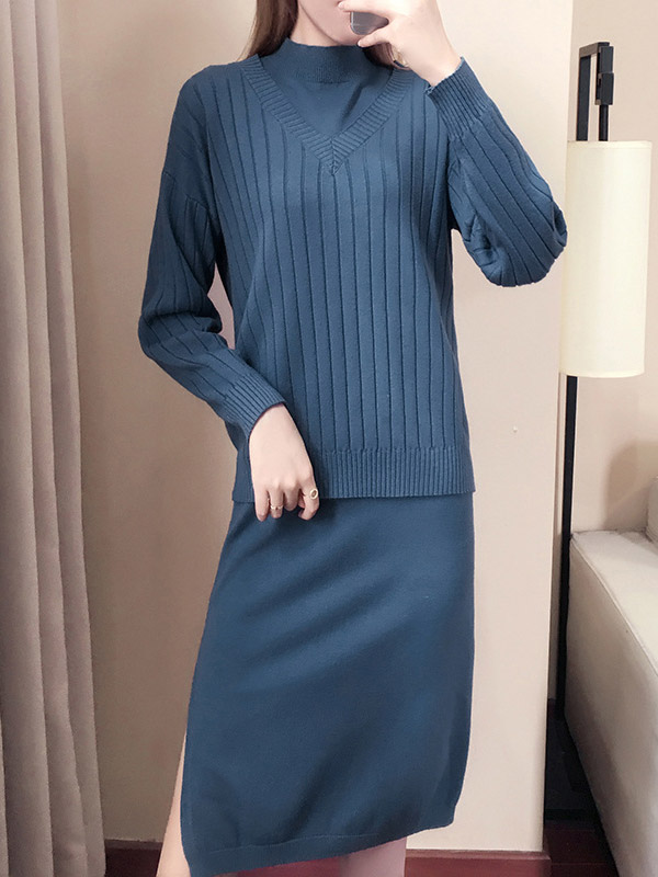 Blue Stand Collar Sleeveless Dress with Knitted Top