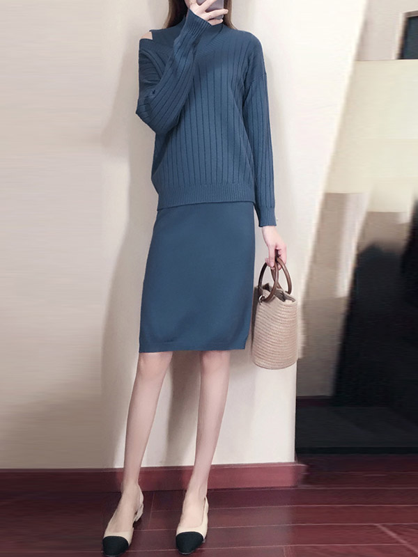 Blue Stand Collar Sleeveless Dress with Knitted Top