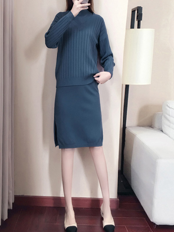 Blue Stand Collar Sleeveless Dress with Knitted Top