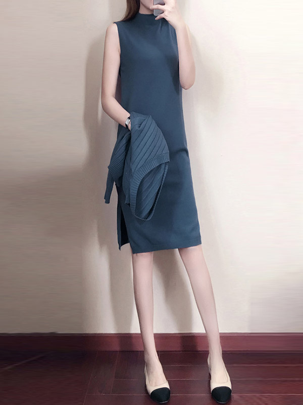 Blue Stand Collar Sleeveless Dress with Knitted Top