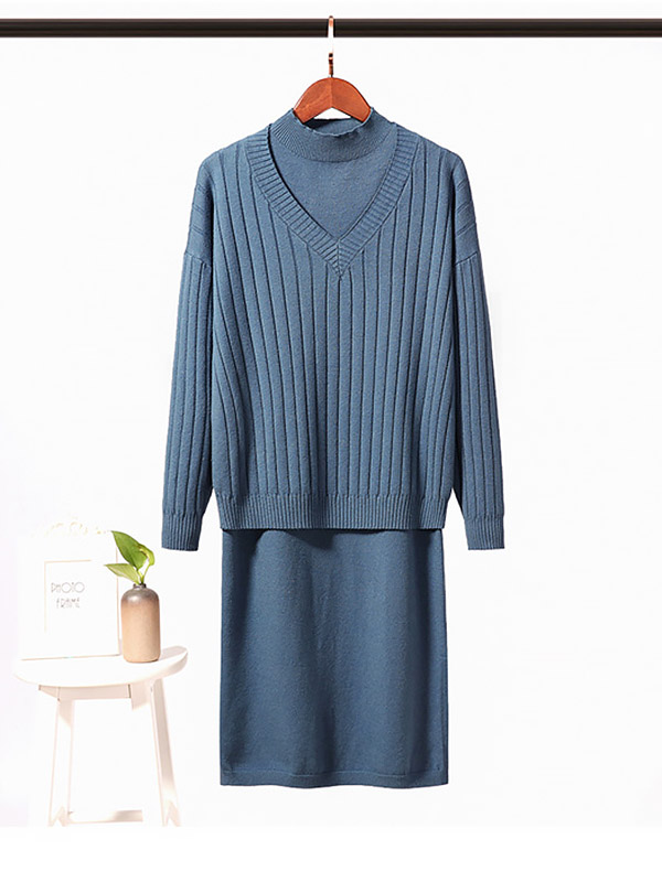 Blue Stand Collar Sleeveless Dress with Knitted Top