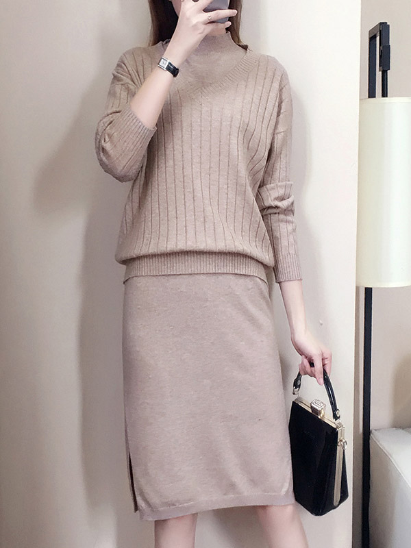 Khaki Stand Collar Sleeveless Dress with Knitted Top