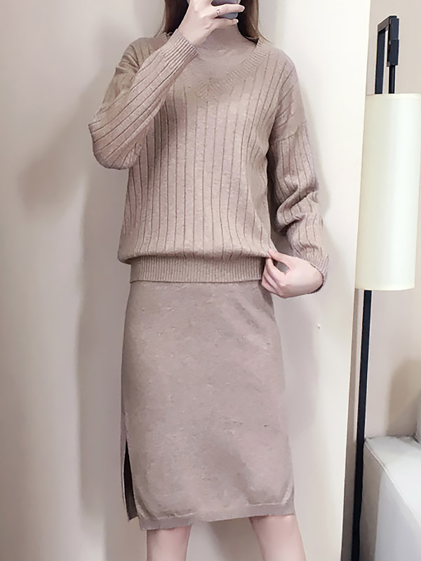 Khaki Stand Collar Sleeveless Dress with Knitted Top