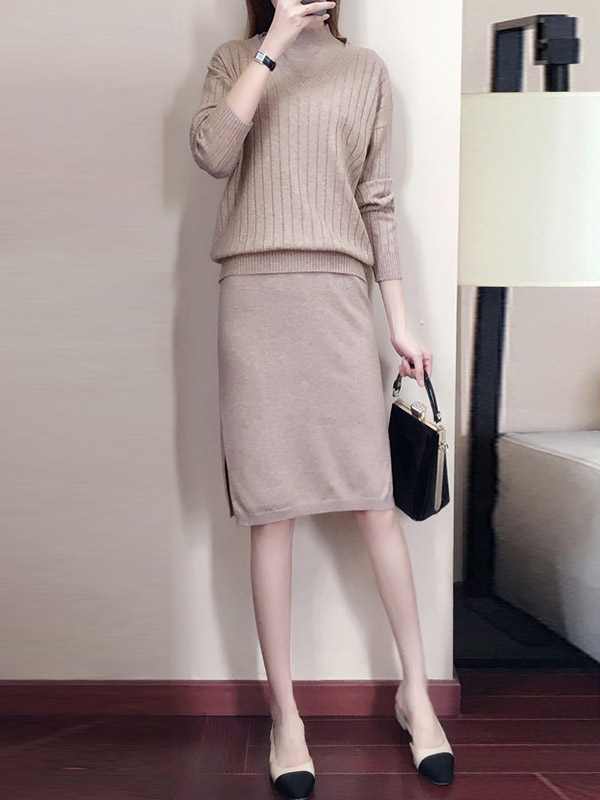 Khaki Stand Collar Sleeveless Dress with Knitted Top