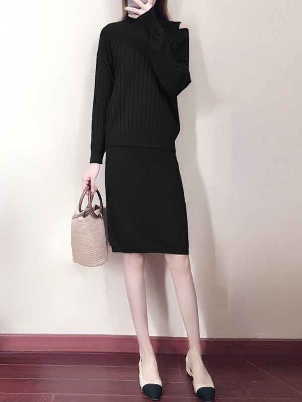 Black Stand Collar Sleeveless Dress with Knitted Top