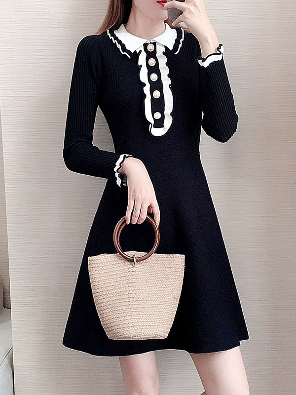 Black Knit A-line Skater Dress in Button Decoration