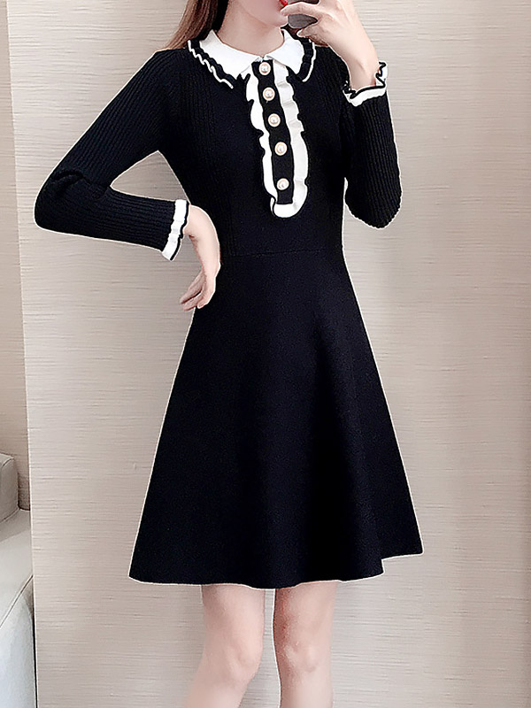 Black Knit A-line Skater Dress in Button Decoration