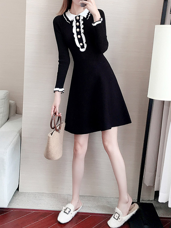 Black Knit A-line Skater Dress in Button Decoration