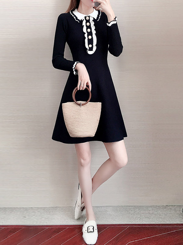 Black Knit A-line Skater Dress in Button Decoration