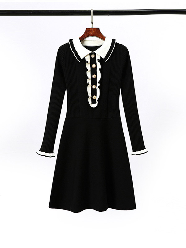 Black Knit A-line Skater Dress in Button Decoration